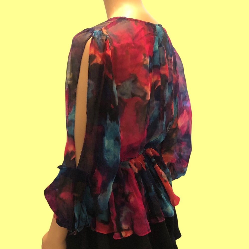 Bright Watercolors Semi- sheer Silk Blouse Long Sleeves With Slits Sz L